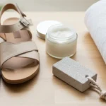Sommerfußpflege bei Hitze: gepflegte Füße in offenen Sandalen auf hellem Holz